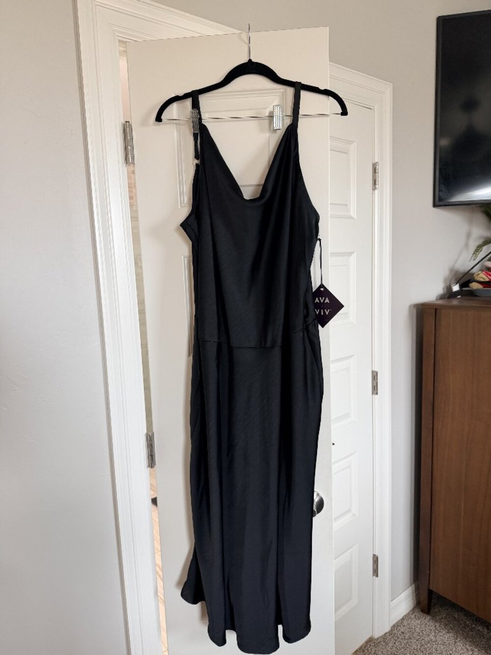 Ava & Viv Satin Cowl Neck Slip Maxi Dress Women's 1X Black NWT